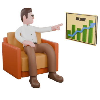 Sociologist in 3D. A male sociologist is sitting on a sofa while pointing at the INCOME diagram. Social Research Model png