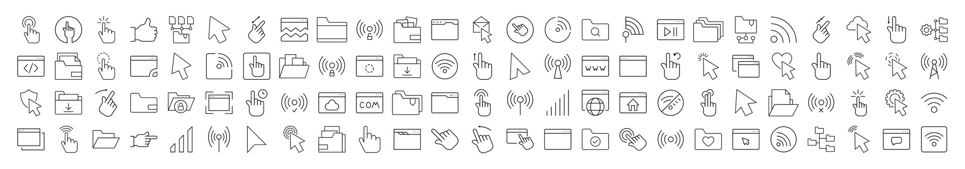 Computer Desktop Line Icon Collection. Modern Collection for Design, Web Sites, Apps, Cards. Contains Linear Images of Cursor, Wi Fi Waves, Folders, Web Pages vector