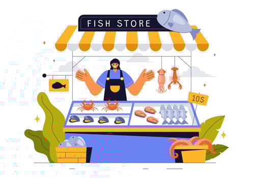 Marine Seafood Shop Illustration with Fresh and Hygienic Products in a Flat Style Background vector