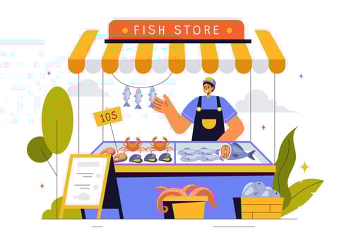 Illustration of a Fish Market Displaying Hygienic Assortment of Seafood in a Cartoon Background vector