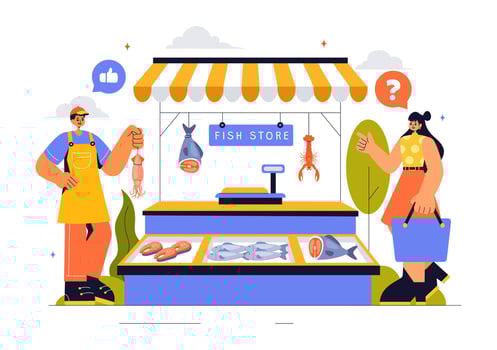 Seafood Market Illustration Featuring Fresh Marine Products in a Flat Style Cartoon Design vector