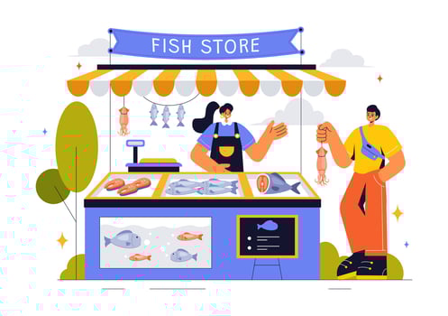 Flat Style Fish Store Illustration Featuring Fresh Marine Products for Sale vector