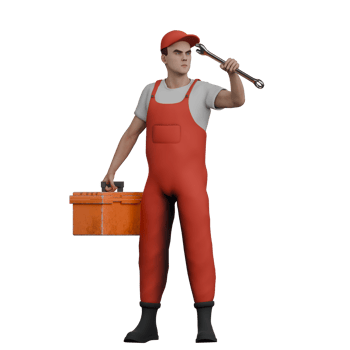 Illustrated of a Professional Mechanic. A male mechanic stands holding a Y crank and a tool box in both hands. 3D Male png