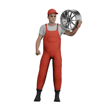 Male Mechanic 3D Model. A male mechanic stands while lifting a car tire in his right hand. Vehicle Troubleshooting Environment png