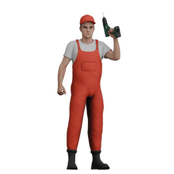 Male Mechanic in Tire Change. A male mechanic stands holding a drill in his right hand. 3D Tire Service Scene png