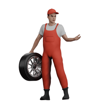 3D Cartoon Oil Change Specialist. A male mechanic stands holding a car tire in his left hand. Lubrication Service Scene png
