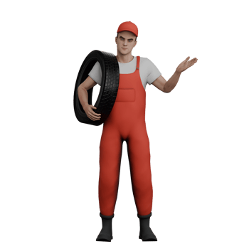 Professional Mechanic 3D Art. A male mechanic stands while carrying a tire on his left shoulder. Male Exhaust System Specialist png