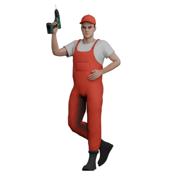Car Repair Provider 3D. A male mechanic stands holding a drill in his left hand and his right hand is beside his stomach. Male Mechanic Cartoon png