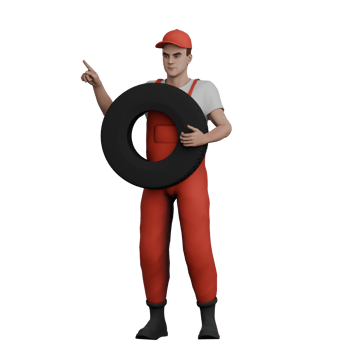 3D Animated Mechanic. A male mechanic stands holding a tire in front of his chest with his right hand and his left hand pointing up. Male Electrical Systems Expert png