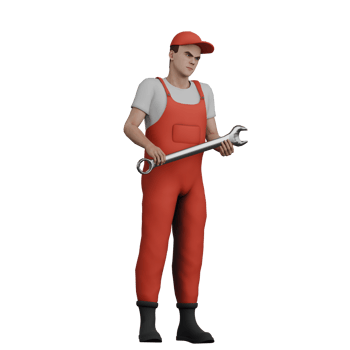 Professional Male Mechanic in 3D. A male mechanic stands holding a Y crank with both hands. Transmission Fix Specialist png