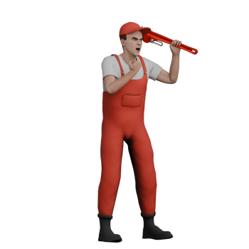 Illustrative 3D Male Mechanic. A male mechanic stands holding a wrench in his left hand and clapping his right hand with an angry expression. Engine Rebuild Leader png