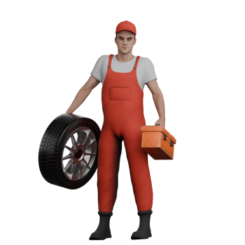 3D Automotive Character. A male mechanic stands holding a tire and a tool box in both hands. Male Mechanic Illustrated png