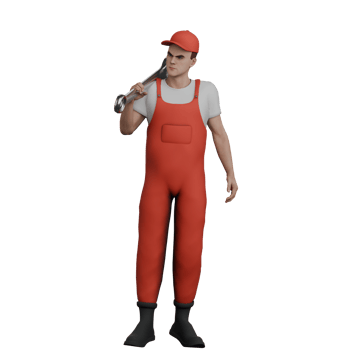 Mechanic's Daily Workshop in 3D. A male mechanic stands while carrying a Y crank on his left shoulder. Male Cartoon png