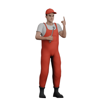 Illustrated Automotive Professional. A male mechanic stands with his right hand holding a Y crank and his left hand pointing up. 3D Male Mechanic png