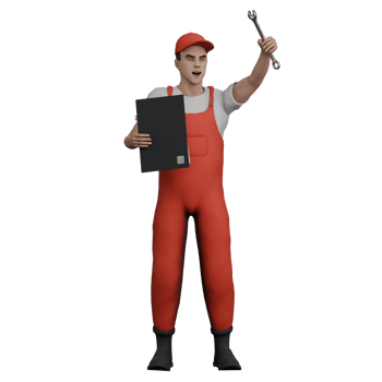 Male Mechanic Automotive Professional. A male mechanic stands holding a Y crank and a book in both hands. 3D Cartoon png