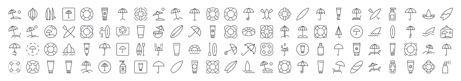 Collection of Images of Umbrella, Sunscreen, Surfboard, Lifeline Drawn with Thin Line for apps, web sites, banners, infographics and other types of design vector