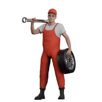 3D Professional in Automotive. A male mechanic stands holding a crank on his shoulder and holding a car tire in his right hand. Male Mechanic png