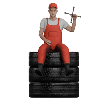 3D Male Mechanic in Shop. A male mechanic sits on a pile of car tires while holding an X crank in his right hand. Professional Character png