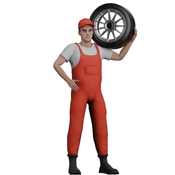 Illustrated Automotive Expert. A male mechanic stands while carrying a car tire. 3D Male Mechanic png