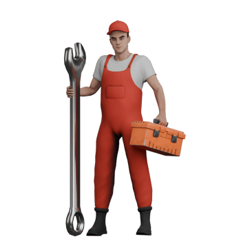 Professional 3D Mechanic. A male mechanic stands next to a large Y crank and his left hand holds a large Y crank while his right hand holds a tool box. Male Automotive Expert png