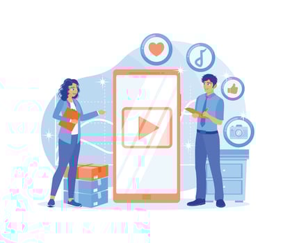 Men and women place ads on social networks. Develop business strategies to improve marketing. vector