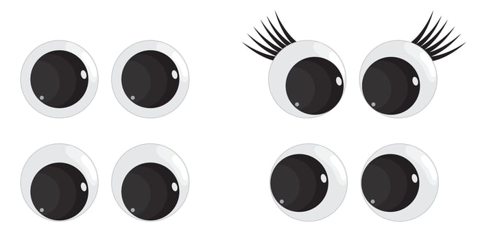 A set of plastic toy eyes. Glossy, bulging, puppet eyes. Cute, round, , isolated elements. Look down, up, left, right. Different, shaking, silly, hilarious pairs of eyeballs. vector