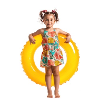 Happy little girl wearing summer clothes with inflatable swimming circle front view full length isolate on transparency background png