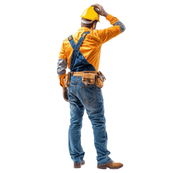 Back view of construction worker looking at something up, standing isolate on transparency background png