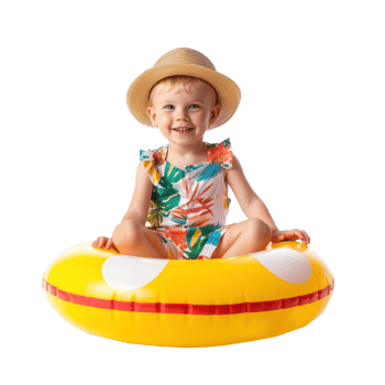Happy little boy wearing summer clothes with inflatable swimming circle front view full length isolate on transparency background png