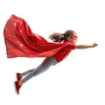 Little girl flying with superhero red cape and mask isolate on transparency background png