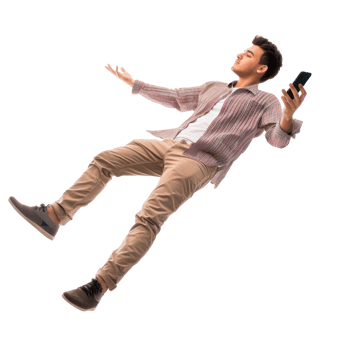full body young man laying in the air floating while using smart phone isolate on transparency background png