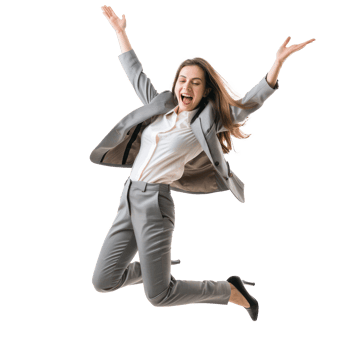 Floated overjoyed businesswoman jumping and gesturing happiness isolate on transparency background png