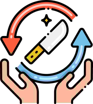 Two hands holding a knife and a knife in the middle of a circle vector