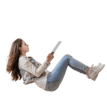 full body young woman laying in the air floating while using tablet isolate on transparency background png
