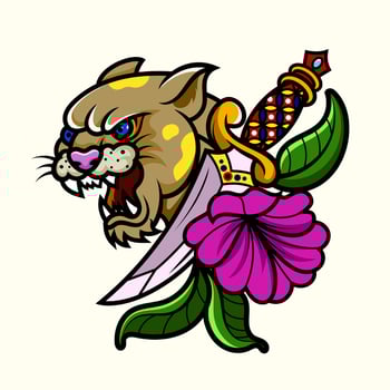 traditional panther tattoo vintage and flower of a dagger through a panther head illustration design element old school tattoo mascot icon wild surreal illustration, badges, print for t-shirt. vector