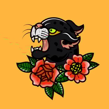 Tattoo vintage Traditional black panther and flower illustration design element old school vector