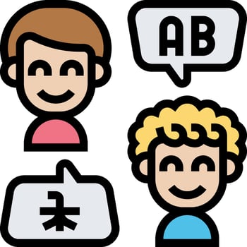 Three people with speech bubbles and an english word vector