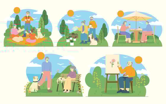 Seniors enjoying hobbies and leisure outdoors. illustrations vector