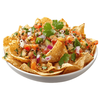 Nachos with salsa and vegetables in a bowl png