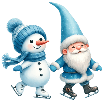Snowman and Gnome skating together on ice, festive winter scene. png