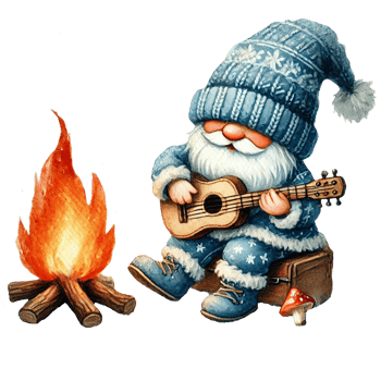 A whimsical gnome playing ukulele by a campfire in a snowy scene. png