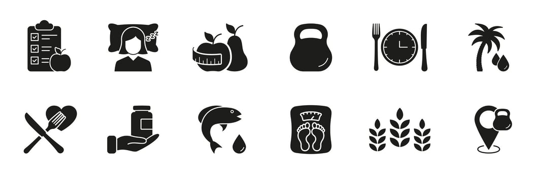 Weight Management, Fitness, and Healthy Habits Silhouette Icon Set. Nutrition, Wellness, Sport and Healthy Eating, Nourishment Glyph Sign. Isolated Illustration vector