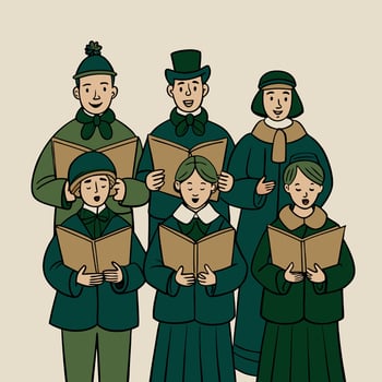 Vintage carolers illustration in traditional winter attire with songbooks vector