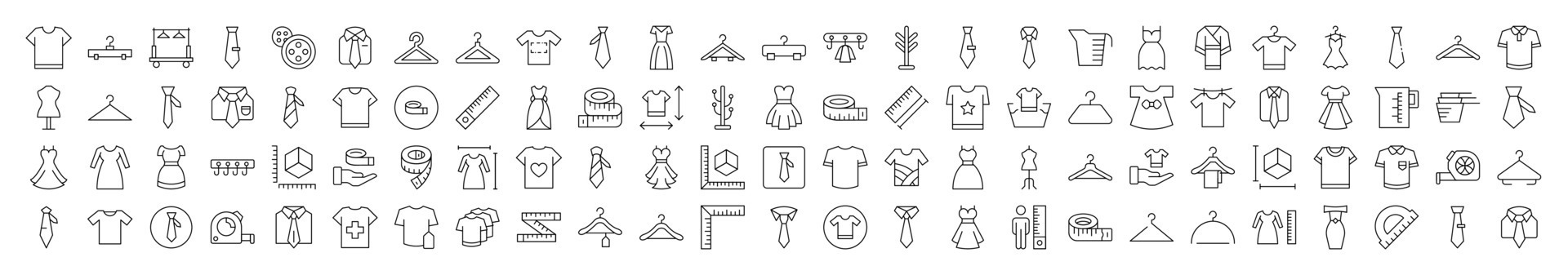 Sewing and Garment Line Icon Bundle. Modern Collection for Design, Web Sites, Apps, Cards. Contains Linear Images of T Shirt, Dress, Tie, Measuring Tape, Rack vector
