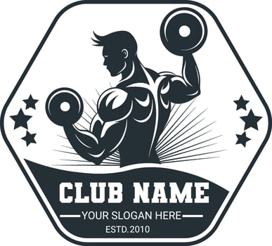 Gym and fitness logo design with a symbol of strong muscle man illustration silhouette vector