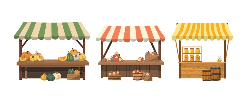 Farmers stalls set with farmers products. Flat illustration. Isolated on white background. Local food at the kiosk at the farmer's fair. vector