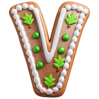 Gingerbread cookie shaped like letter V decorated with green leaves and red berries, perfect for festive occasions and holiday celebrations png