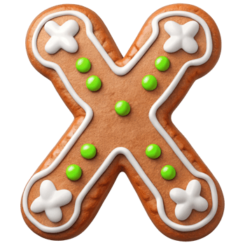Gingerbread cookie shaped like X decorated with white icing and green candy dots, perfect for festive occasions and holiday celebrations png