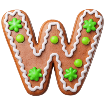 Gingerbread cookie shaped like letter W, decorated with green and white icing and festive sprinkles, perfect for holiday celebrations png