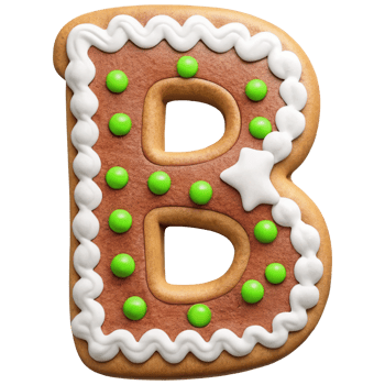 Gingerbread cookie shaped like letter B, decorated with green candies and white icing, perfect for festive occasions and celebrations png